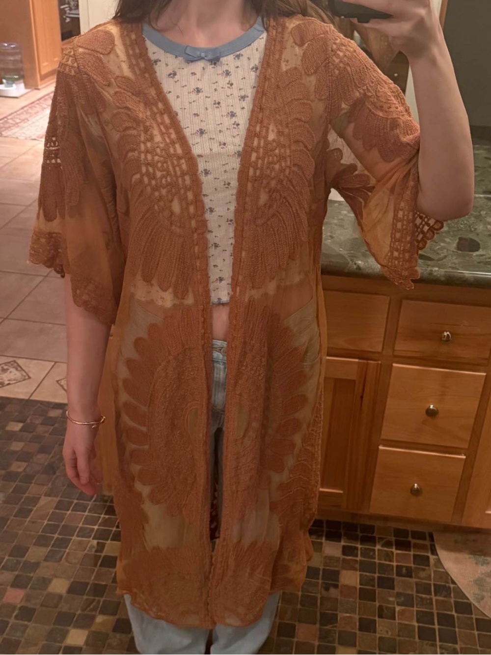 Rebellion Floral Bohemian Fairy Sheer Lace Top in Dusty Coral Rust Size Small